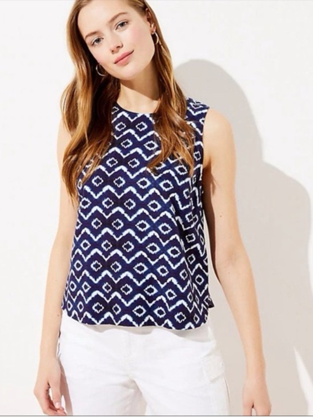 LOFT Navy White Ikat Linen Blend Sleeveless Tank Top Boho Coastal L